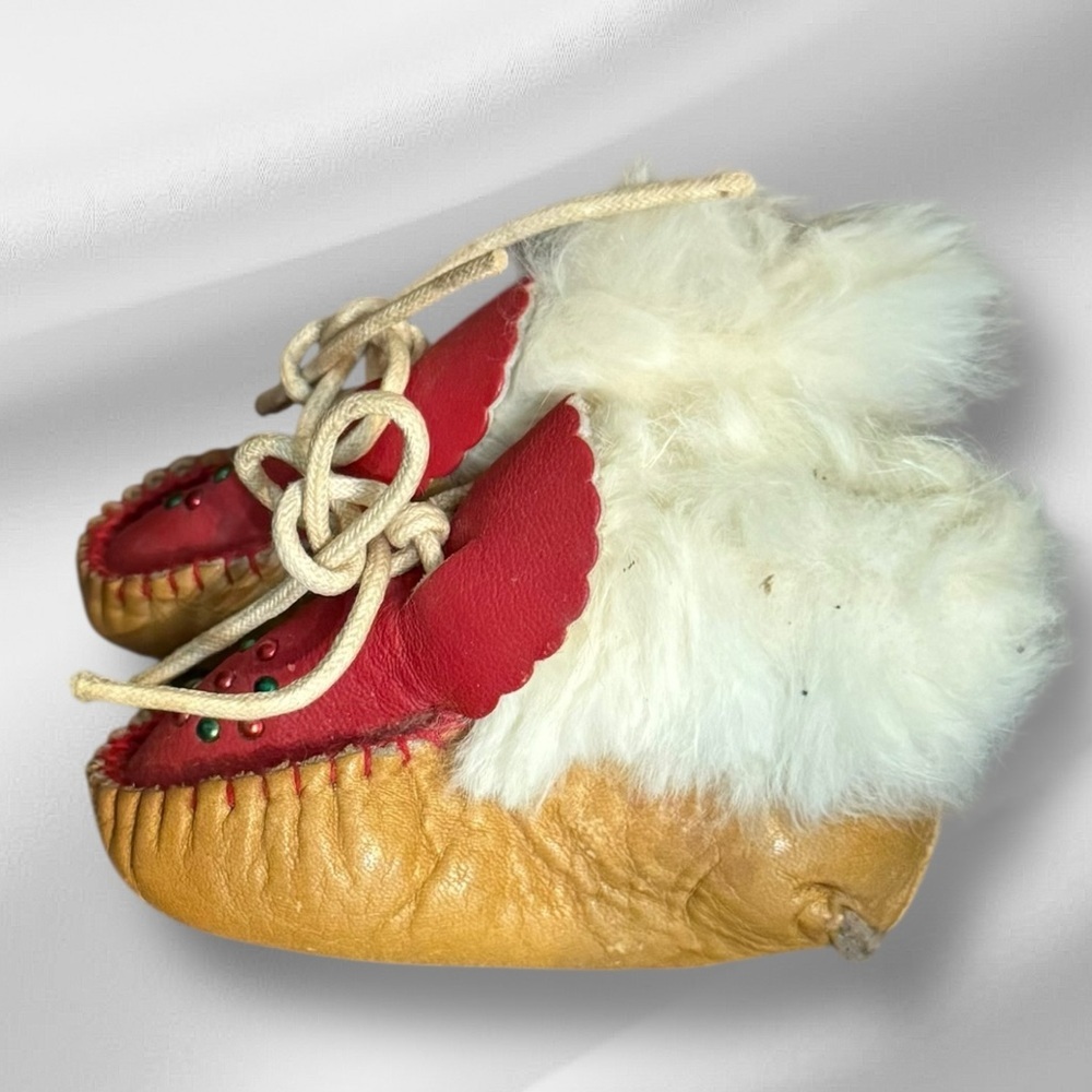 Vintage Fur Leather Newborn Moccasin Booties